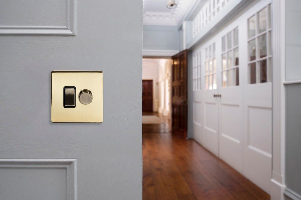 Soho Lighting Brushed Brass Dimmer And Rocker Switch Combo Blk Ins