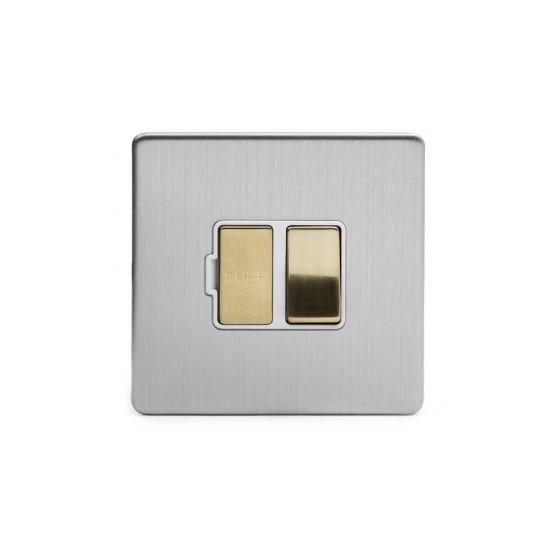 Soho Fusion Brushed Chrome And Brushed Brass 13a Switched Fuse White Inserts Screwless Elesi 5516