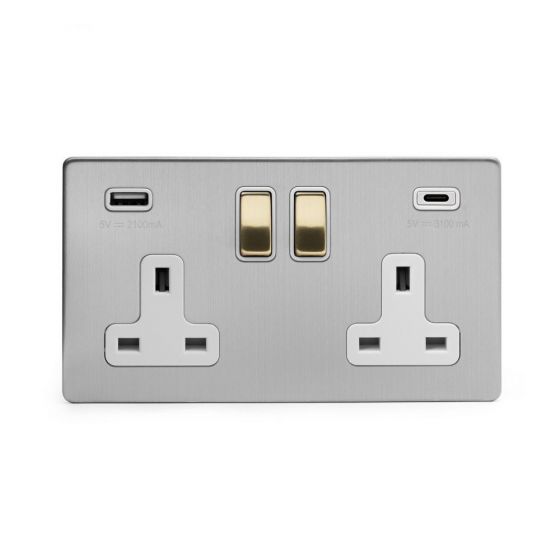 Soho Fusion Brushed Chrome And Brushed Brass Usb C Socket Dp White Inserts Screwless Elesi 8831