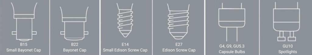 showing the different type of bulb caps